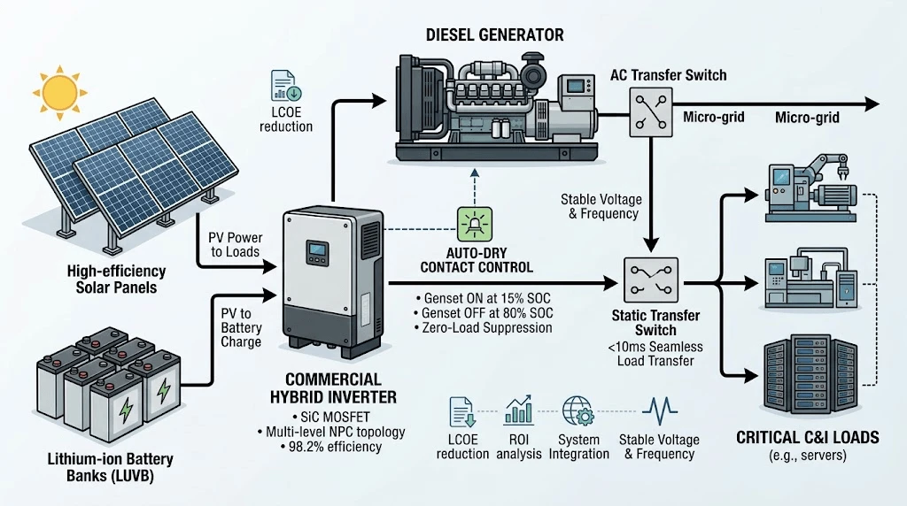 Technical diagram showing commercial hybrid inverter integration with PV panels, LFP battery bank, diesel generator, and critical industrial loads. Technical diagram showing commercial hybrid inverter integration with PV panels, LFP battery bank, diesel generator, and critical industrial loads.
